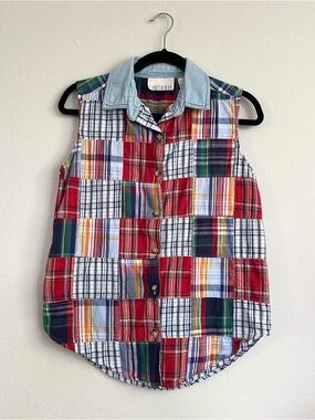 90’sCasey & Max Women's Patchwork Plaid Sleeveless Button Tank with Denim Collar